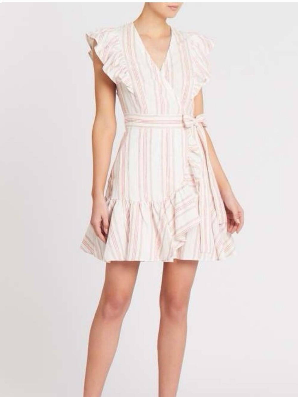 Rebecca Taylor Pink and White Striped Ruffle Wrap Mini Dress